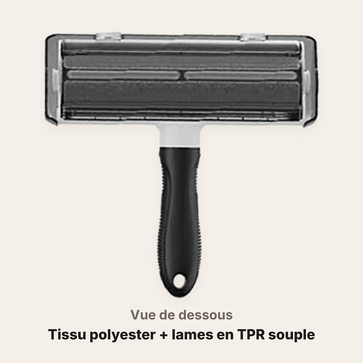 Dessous du rouleau FINIPOIL : tissu polyester et lames en TPR souple qui ramassent les poils de chat et de chien