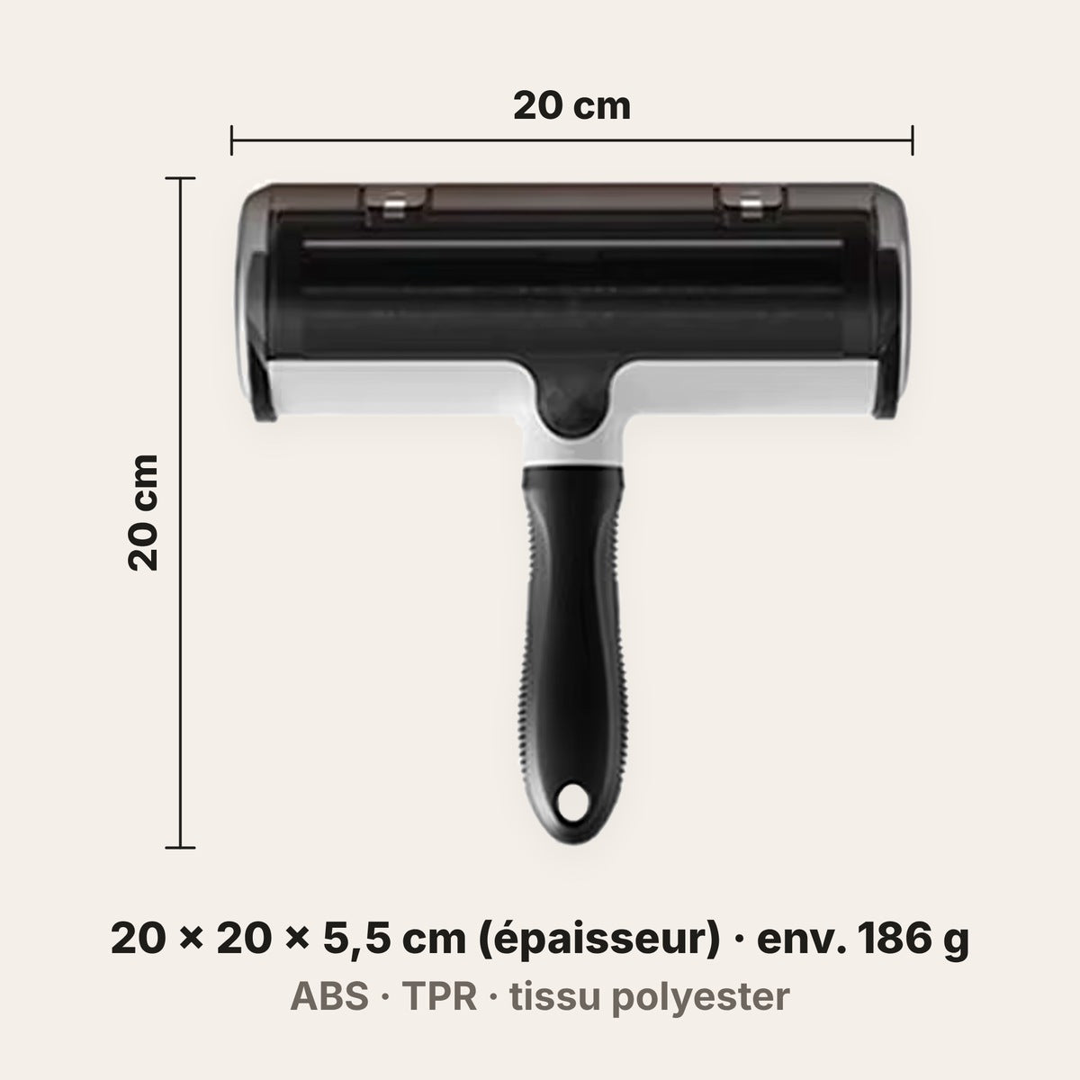 Dimensions du rouleau anti-poils FINIPOIL : 20 × 20 × 5,5 cm, environ 186 g, en ABS, TPR et tissu polyester